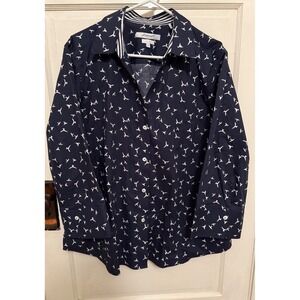 Foxcroft Womens size‎ XXL Navy Blue White Bird Print Button Down Easy Care Shirt